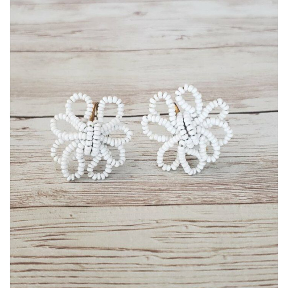 Vintage Screw On Earrings - White Beaded Flower Twist